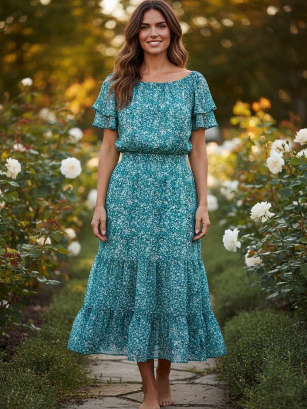 J. Crew Teal Floral Ruffle-Sleeve Tiered Casual Midi Dress, Size 6